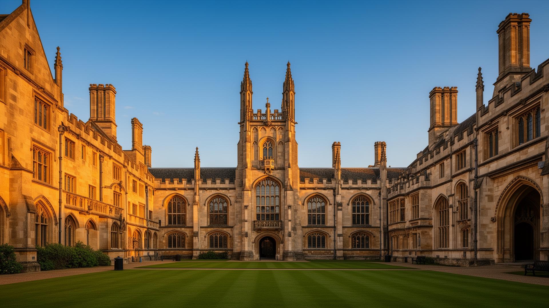 Historic UK university campus at golden hour